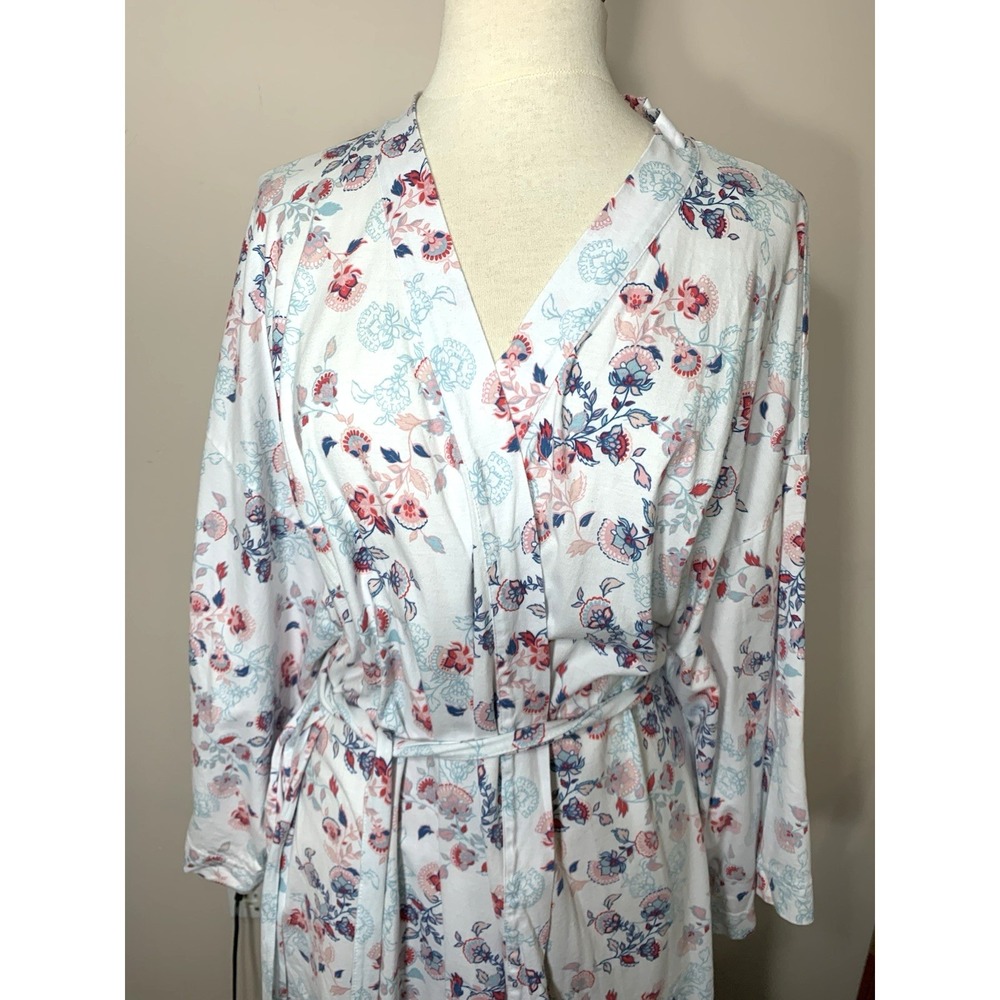 Garnet Hill Robe Womens XL White Pink Floral 100% "Green Cotton" Long Pockets - Picture 13 of 14